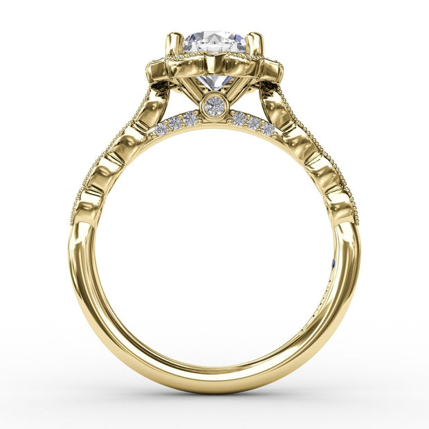 Round Diamond Engagement With Floral Halo and Milgrain Details