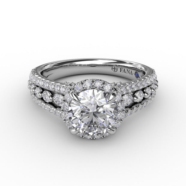 Classic Round Diamond Halo Engagement Ring With Triple-Row Diamond Band