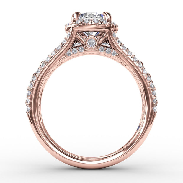 Classic Round Diamond Halo Engagement Ring With Triple-Row Diamond Band