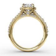 Classic Round Diamond Halo Engagement Ring With Triple-Row Diamond Band