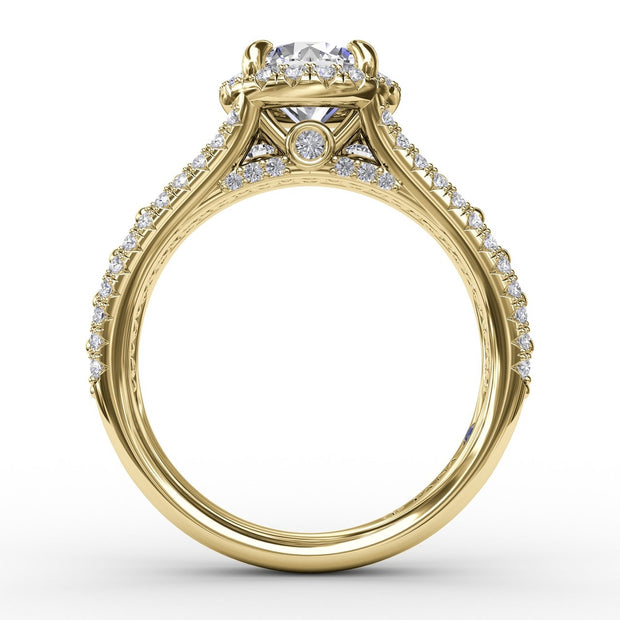 Classic Round Diamond Halo Engagement Ring With Triple-Row Diamond Band