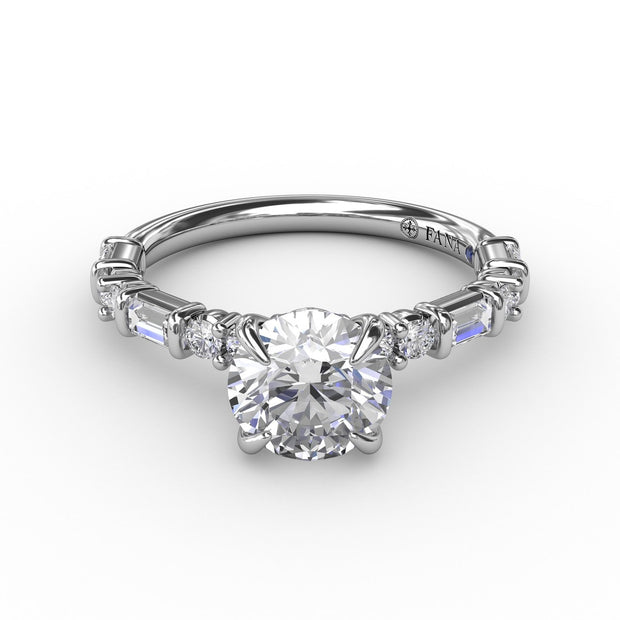 Contemporary Diamond Solitaire Engagement Ring With Baguettes and Round Diamond Accents