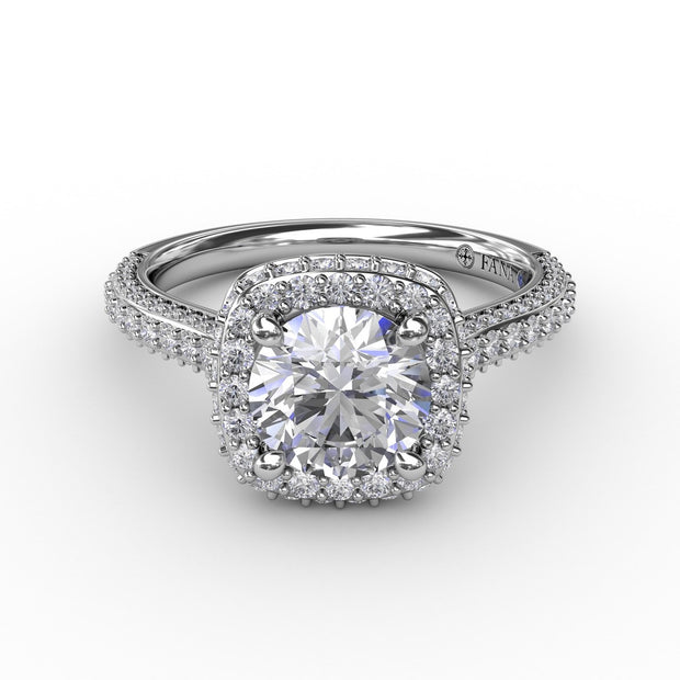 Cushion-Shaped Waterfall Halo Engagement Ring With Pavé Band