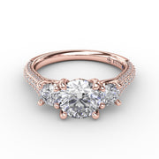 Classic Three-Stone Round Diamond Engagement Ring With Pavé Band