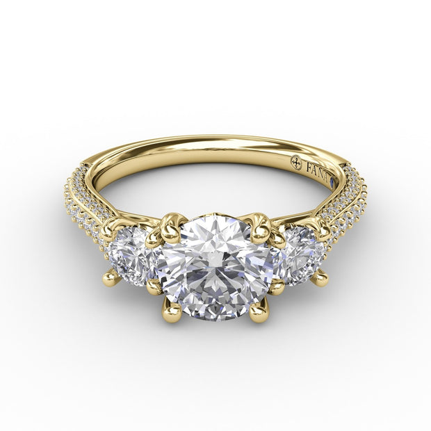 Classic Three-Stone Round Diamond Engagement Ring With Pavé Band
