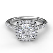 Delicate Cushion Halo Engagement Ring With Pave Shank