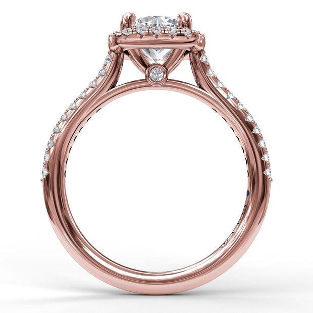 Delicate Cushion Halo Engagement Ring With Pave Shank
