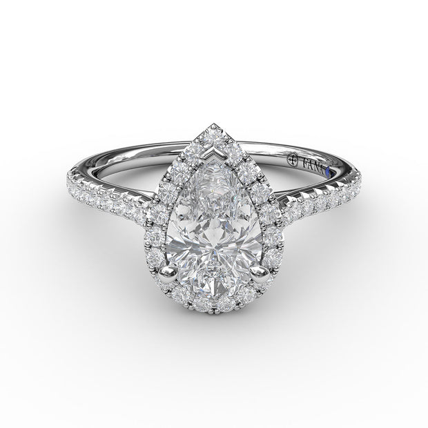 Delicate Pear Shaped Halo And Pave Band Engagement Ring