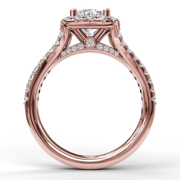 Cushion Halo Engagement Ring with a Diamond Encrusted Split Band