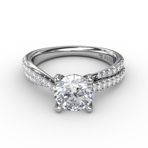 Classic Round Diamond Solitaire Engagement Ring With Double-Row Diamond Shank