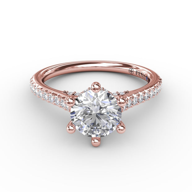 Six - Prong Round Diamond Engagement Ring with 1/2 Diamond Band