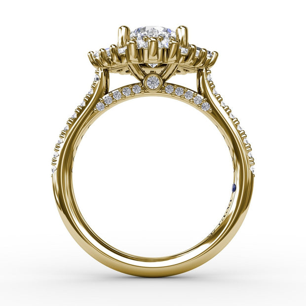 Mixed Shape Diamond Halo Ballerina Style Engagement Ring With Diamond Band
