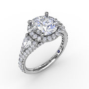 Three-Stone Round Diamond Halo Engagement Ring