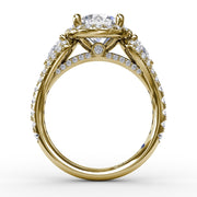 Three-Stone Round Diamond Halo Engagement Ring