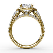 Three-Stone Round Diamond Halo Engagement Ring
