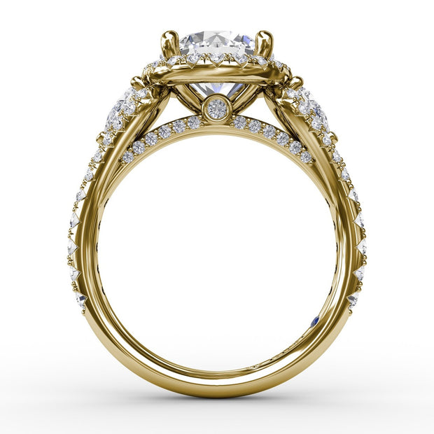 Three-Stone Round Diamond Halo Engagement Ring