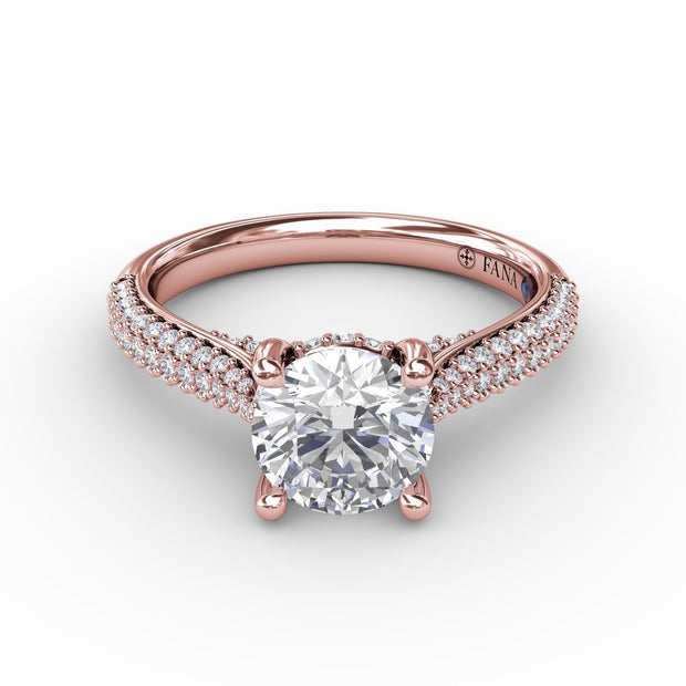 Classic Round Diamond Solitaire Engagement Ring With Double-Row Pavé Diamond Shank