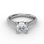 Classic Round Diamond Solitaire Engagement Ring With Double-Row Pavé Diamond Shank