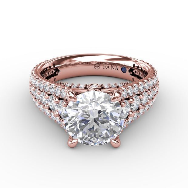 Classic Round Diamond Solitaire Engagement Ring With Triple-Row Diamond Shank