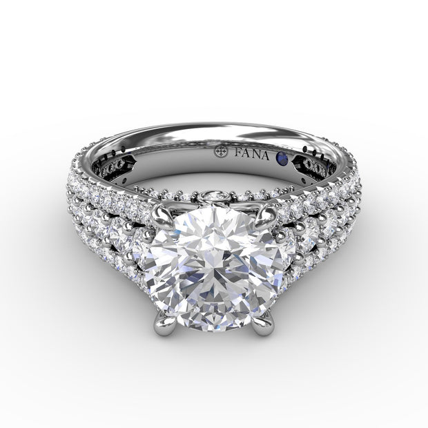 Classic Round Diamond Solitaire Engagement Ring With Triple-Row Diamond Shank