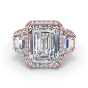 Three Stone Halo Trapezoid Engagement Ring