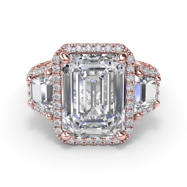 Three Stone Halo Trapezoid Engagement Ring