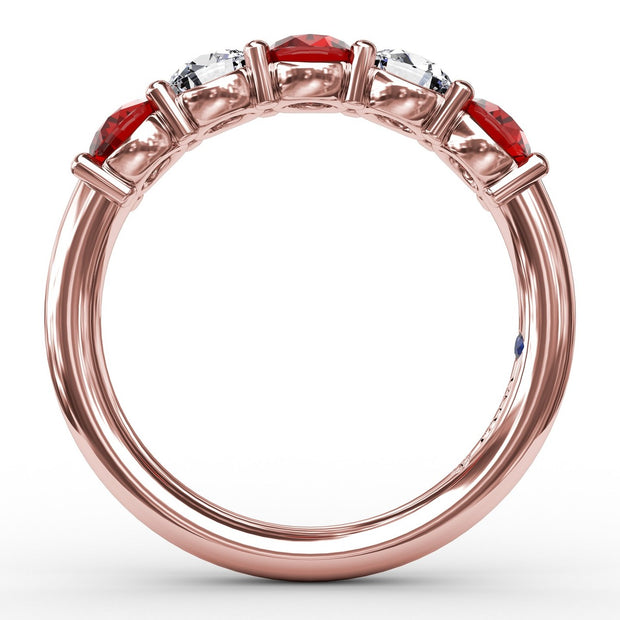 Chunky Ruby and Diamond Shared Prong Anniversary Band
