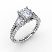 Three-Stone Round Diamond Engagement Ring With Split Diamond Shank and Baguette Side Stones