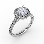 Round Diamond Engagement With Floral Halo and Milgrain Details