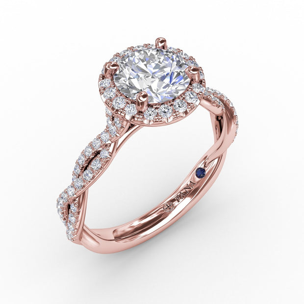 Classic Round Diamond Halo Engagement Ring With Cathedral Twist Diamond Band