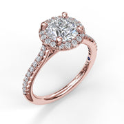 Delicate Round Halo And Pave Band Engagement Ring