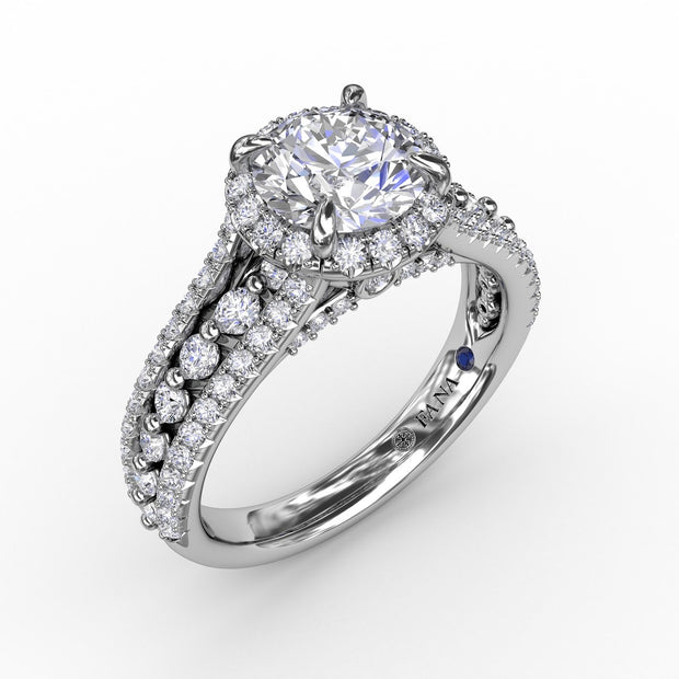 Classic Round Diamond Halo Engagement Ring With Triple-Row Diamond Band