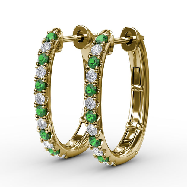 Alternaing Emerald and Diamond Hoop Earrings