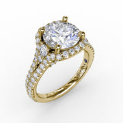 Cushion Halo Engagement Ring With Side Stones and Double-Row Diamond Band