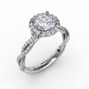 Classic Round Diamond Halo Engagement Ring With Cathedral Twist Diamond Band