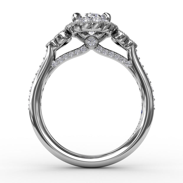Scalloped Halo Engagement Ring With Diamond Clusters and Milgrain Details