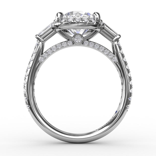 Vintage Round Diamond Halo Engagement Ring With Tapered Baguettes