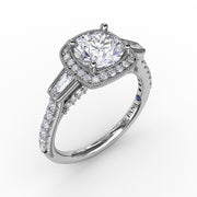 Three-Stone Diamond Halo Engagement Ring With Baguette Side Stones