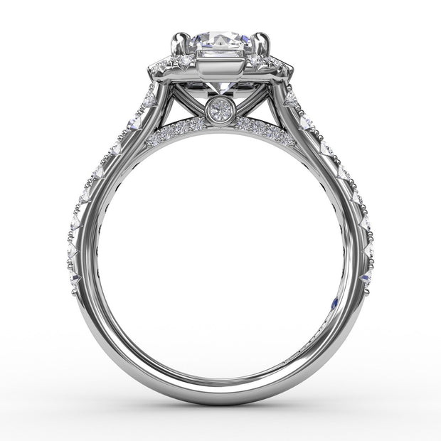 Cushion Shaped Diamond Halo Engagement Ring With Baguettes